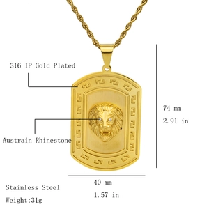 Gold plated stainless steel lion head pendant necklace with Austrian rhinestones