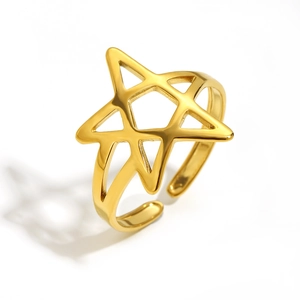 18K gold plated stainless steel open ring with creative hollow star design for women
