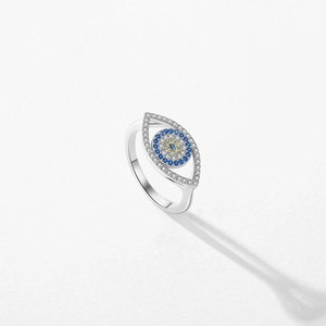 Vintage s925 silver Evil Eye ring with blue gemstone and sparkling white crystals