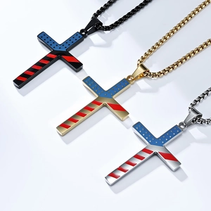 Retro stainless steel American flag cross necklace in black, gold, and silver finishes