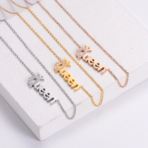 Titanium steel crown pendant necklace with Queen letters in gold, silver and rose gold