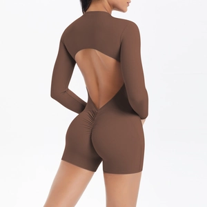 Close-up of the backless detail and scrunch butt design on coffee long sleeve bodysuit
