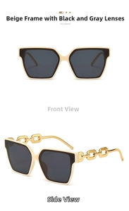 Detailed front and side view of oversized beige sunglasses with gold chain temples