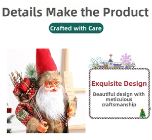 Detail of Santa figurine holding a scroll with names and a rustic gift bag with pine cones