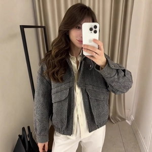 Women's chic grey herringbone cropped jacket with large utility pockets in wool texture