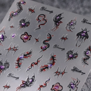 3D embossed dark gothic nail stickers with red hearts and butterfly designs