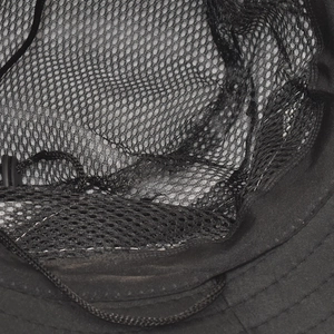 Detail of breathable black mesh lining and adjustable drawstring on outdoor sun hat