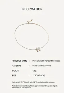 Detailed specifications of zircon H-letter pendant necklace with dimensions and weight info