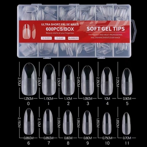 Size chart for 600 pieces clear soft gel nail tips in 12 sizes with measurements