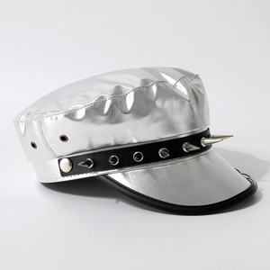 Metallic silver punk military hat with black studded band and spikes for stage performance