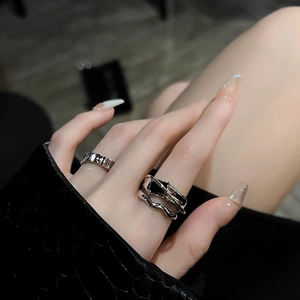 Minimalist silver geometric black zircon rings with irregular lava design for women