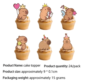 Detailed view of 24-piece Capybara cake toppers with cartoon designs and size parameters