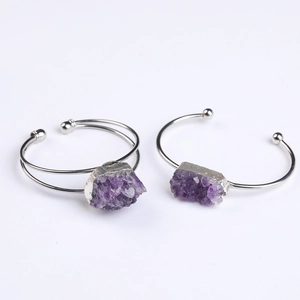 Natural amethyst geode cluster open cuff bracelet in silver adjustable bangle design
