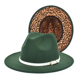 Unisex Leopard Print Lining Fedora Hat Vintage Woolen Felt Jazz Hat Wide Brim Panama Cap Autumn Winter Fashion Accessories
