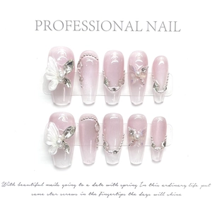 Handmade Press On Nails Pink Cat Eye Gradient Coffin Shape 3D Butterfly Artificial Pearl Rhinestone Reusable Elegant Artificial Tips