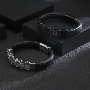 Punk style stainless steel bike chain bracelet with woven black leather for men