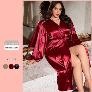 Plus Size Women Satin Robe V Neck Long Sleeve Belted Soft Imitation Satin Sleepwear Bathrobe Nightgown