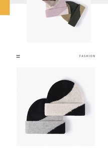 Detailed knit texture of color-block beanies featuring ribbed cuffs in various winter hues