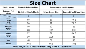 Size chart showing 100% polyester striped shirt dimensions and fabric specifications