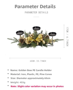 Detailed view of 60cm Christmas candle holder with gold bow, pine cones and PE needles
