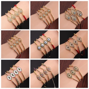Evil Eye Hamsa Hand Bracelet Copper Gold Plated With Colorful Zircon Adjustable Braided Rope Turkish Ethnic Jewelry For Women