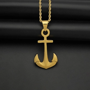 Hip hop gold stainless steel anchor pendant necklace with rope chain on dark background