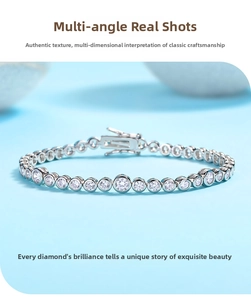 Close-up of sparkling 925 silver tennis bracelet with circular cut moissanite stones