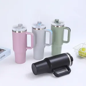 Insulated 40oz stainless steel tumbler with handle and straw in various matte colors