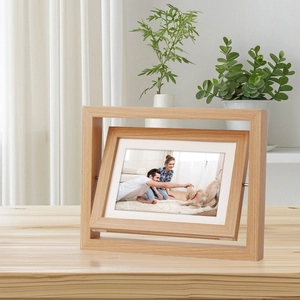 Rotating double-sided wooden photo frame with a 360-degree swivel design for home decor