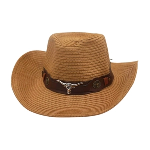Chapeau De Cowboy Western Paille Papier Tissé Décor Métal Tête De Taureau Broderie Florale Large Bord Cordon Coupe-Vent