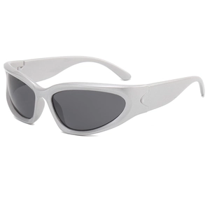 Y2K silver wrap-around sunglasses with grey lenses in a 45-degree professional side view