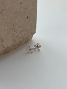 Macro detail of S925 silver flower stud earrings with blue gemstone and hammered texture