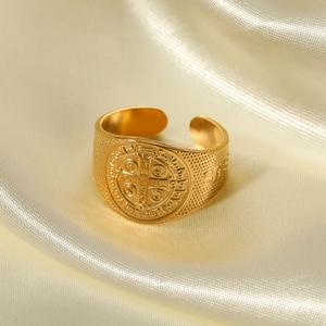 French retro 18K gold plated stainless steel Saint Benedict Medal open ring for men and women