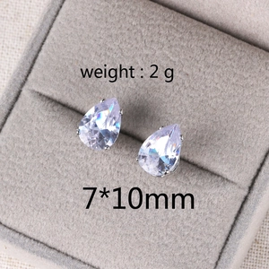 Detail view of 7x10mm teardrop zircon earrings weighing 2g in a velvet jewelry box