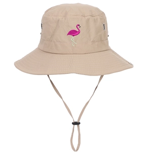 Khaki sun bucket hat with flamingo embroidery, wide brim and adjustable wind rope