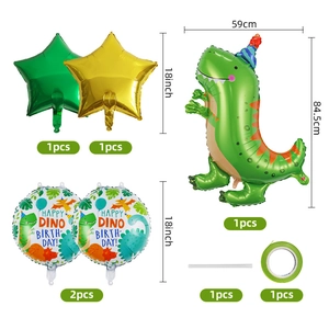 Detailed size guide for green dinosaur foil balloon kit with dimensions and quantities