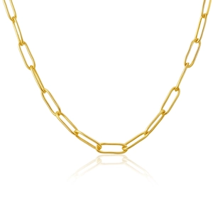 Detailed view of a gold oval link chain necklace with high-polished metallic finish