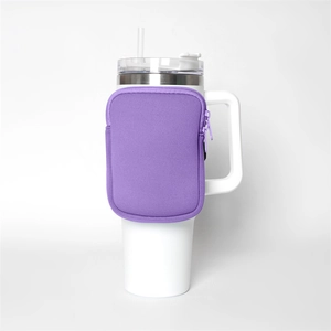 Detail of purple neoprene zipper pouch attached to a white 40oz insulated tumbler cup