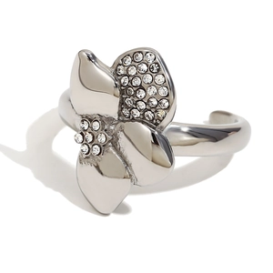 Silver flower ring with asymmetrical petals and shimmering crystals in 18K gold plated steel