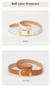 Detail showing white and camel leather belts with smooth golden oval metal buckles