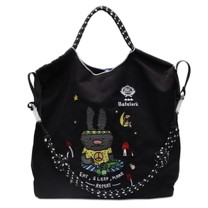 Large black canvas tote bag with rabbit embroidery and woven handles for casual daily use