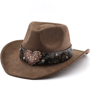 Vintage Western Cowboy Hat For Men Women Faux Suede Wide Brim Felt Fedora With Rhinestone Heart Buckle Paisley Belt