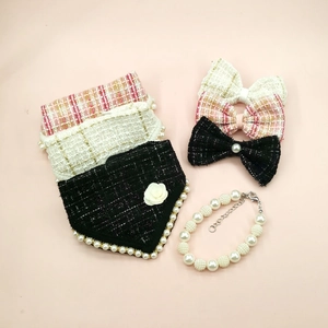 Luxury tweed pet bandana set with faux pearls and bow clips in pink and black plaid