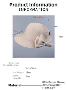 Guide des tailles détaillé pour chapeau de paille montrant dimensions et textile doux