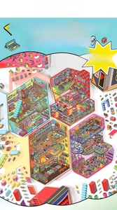 Macro 2.5D isometric scenery stickers showing game center and shop interior designs