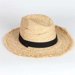Chapeau de soleil Panama en raphia avec bords effilochés et ruban gros-grain noir