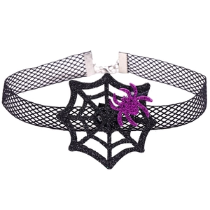 Gothic Halloween choker with black glitter spider web and purple spider pendant accessory