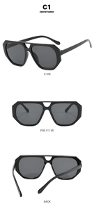 Three-angle view of black geometric sunglasses showing side, front, and back profiles