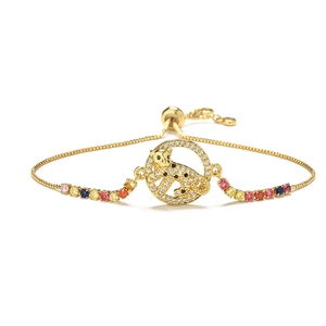 Adjustable gold-plated leopard charm bracelet with sparkling zircon evil eye accents