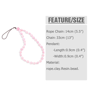 Pink acrylic heart and star beaded phone lanyard strap with size and material specifications